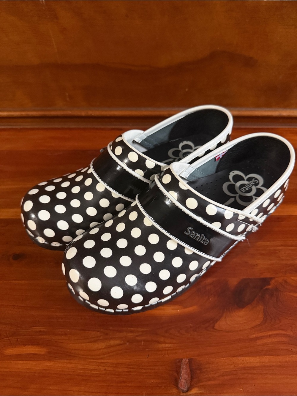 Sanita Black and White Polka Dot Professional Clogs 37